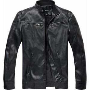 🆕 Men Black Stand Collar Leather Jacket Motorcycle Lightweight Faux Outwear